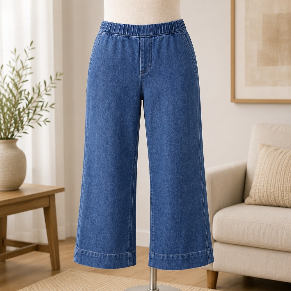 NWT Isaac Mizrahi Live Denim Pants Womens 12P Blue Wide Leg Pull On Jeans